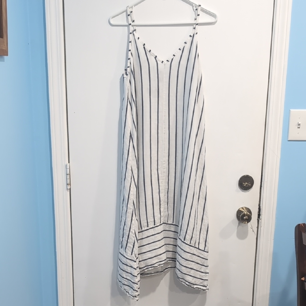 Terzo Millennio Italy Linen Striped Midi Dress Navy White Nautical Size Medium - Picture 4 of 5
